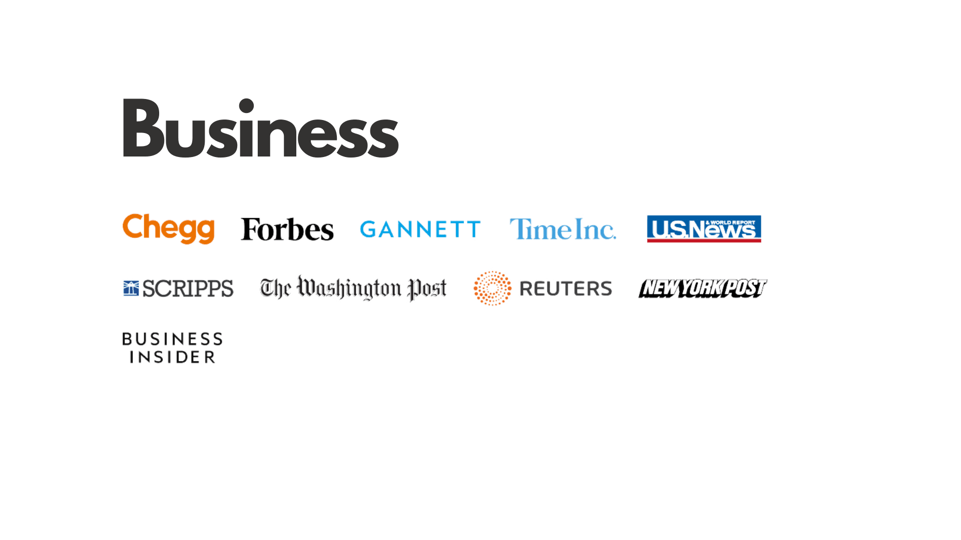 Logos of various media companies under the heading Business.