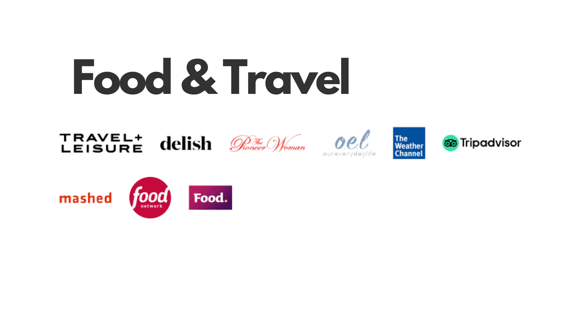 Logos of various food and travel media brands on a light blue background.