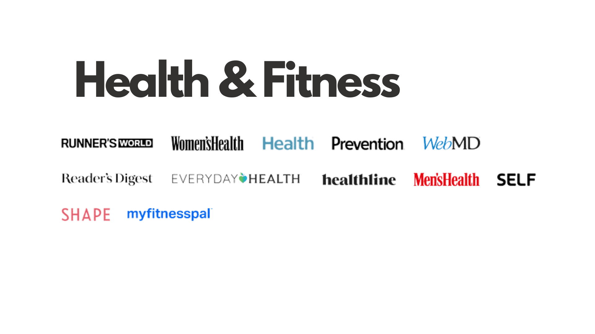 Logos of various health and fitness magazines and websites on a blue background.